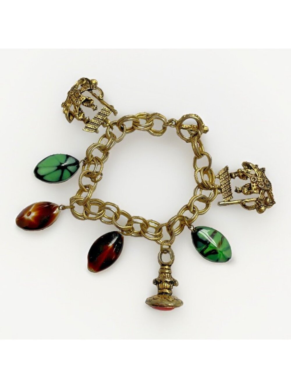 Vintage Chunky Charm Bracelet Toggle With Charms Asian Gold-Tone